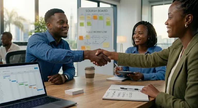 Équipe de l'agence digitale ORDID en réunion de stratégie numérique au Cameroun.